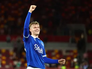 Everton's Jarrad Branthwaite celebrates after the match on September 23, 2023