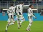 Juventus' Weston McKennie celebrates scoring their first goal with Alvaro Morata and Adrien Rabiot on January 12, 2022