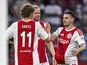 Mika Godts, Davy Klaassen and Oscar Gloukh celebrate an Ajax goal on July 30, 2026