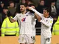 Fulham's Aleksandar Mitrovic celebrates scoring their first goal with teammates on February 12, 2022