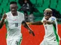 Nigeria's Victor Osimhen joins fellow striker Akoh Adams in celebration of the opener against Gabon on November  13, 2025
