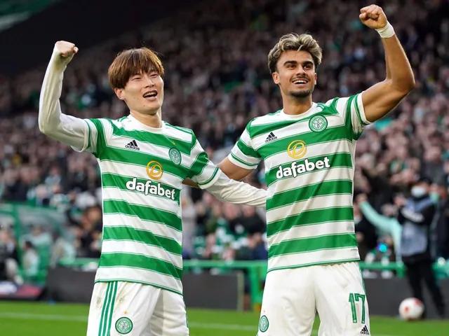 Jota and Kyogo Furuhashi celebrate for Celtic on October 19, 2021
