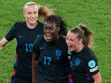 England Women's Michelle Agyemang, Ella Toone and Aggie Beever-Jones celebrate on July 22, 2025