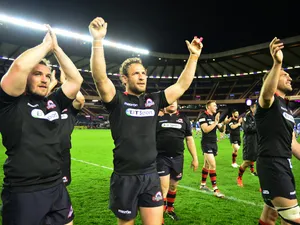Edinburgh Rugby players Andries Strauss and Neil Cochrane applauding the crowd after they won their Semi Final match against Newport Gwent Dragons during the European Rugby Challenge Cup Semi Final match between Edinburgh Rugby and Newport Gwent Dragons a
