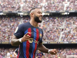 Memphis Depay celebrates scoring for Barcelona on September 17, 2022
