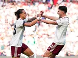 Riccardo Calafiori and Declan Rice celebrate after scoring for Arsenal on August 17, 2025
