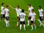 Germany players celebrate scoring against Latvia on June 7, 2021