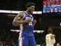 Philadelphia 76ers center Joel Embiid (21) celebrates after a victory against the Atlanta Hawks at State Farm Arena on October 29, 2019