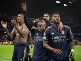 Brahim Diaz of Real Madrid celebrates with Rodrygo and team mates