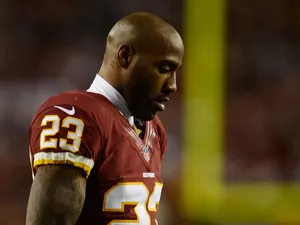 DeAngelo Hall #23 of the Washington Redskins reacts during the NFC Wild Card Playoff Game against the Seattle Seahawks at FedExField on January 6, 2013