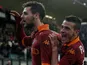 AS Roma's Mattia Destro celebrates after scoring his team's third goal on December 2, 2012
