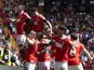 Charlton Athletic players celebrate Harvey Knibbs' goal on August 10, 2025