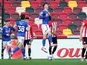 Cardiff City's Kieffer Moore celebrates scoring their first goal from the penalty spot against Brentford in the Championship on April 20, 2021