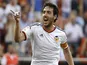 Valencia's midfielder Dani Parejo celebrates after scoring during the Spanish league football match Valencia CF vs SD Eibar at the Mestalla stadium in Valencia on May 3, 2015