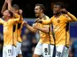Leicester City's Harry Winks celebrates with teammates after the final whistle on October 28, 2023