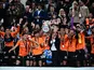 OFI Crete player celebrate with trophy on April 25, 2026