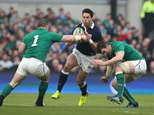 Sean Maitland of Scotland is tackled by Cian Healy and Peter O'Mahony during the RBS Six Nations match between Ireland and Scotland at the Aviva Stadium on February 2, 2014