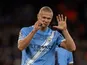 Erling Haaland celebrates after scoring for Manchester City on September 18, 2025