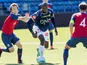Jamaican sprint legend Usain Bolt and Norway's U19 player Fredrik Horn Myhre play in a friendly football match between Stromsgodset and Norway's U19 team at Marienlyst Stadium in Drammen, Norway, June 5, 2018.
