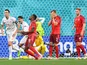 Switzerland's Denis Zakaria reacts after he scores an own goal and the first for Spain on July 2, 2021