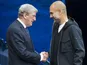 Roy Hodgson and Pep Guardiola shake hands ahead of the Premier League game between Manchester City and Crystal Palace on September 23, 2017
