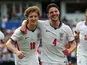 Declan Rice of England celebrates his goal with Anthony Gordon on June 10, 2026