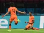 Netherlands' Denzel Dumfries celebrates scoring against Ukraine at Euro 2020 on June 13, 2021