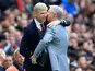 Sir Alex Ferguson embraces Arsenal manager Arsene Wenger on April 29, 2018
