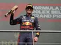 Red Bull's Max Verstappen celebrates winning the Belgian Grand Prix on August 28, 2022.