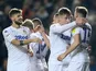 Leeds United's Stuart Dallas celebrates scoring their first goal with teammates against Reading on November 27, 2018