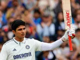 India batsman Shubman Gill celebrates century against England in July 2025.