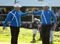 Jamie Donaldson (L) and Lee Westwood of Europe celebrate as they leave the 12th green during the Afternoon Foursomes of the 2014 Ryder Cup on the PGA Centenary Course at Gleneagles on September 26, 2014