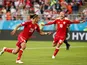 Yussuf Poulsen celebrates scoring during the World Cup group game between Peru and Denmark on June 16, 2018