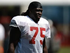 Guard Davin Joseph of the Tampa Bay Buccaneers works out during Training Camp at One Buccaneer Place on August 1, 2009