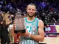 Steph Curry pictured with the NBA All-Star MVP award on February 20, 2022
