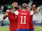 Chile's Eduardo Vargas celebrates scoring their first goal with teammates on June 14, 2021