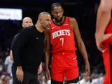 Houston Rockets head coach Ime Udoka talks to Kevin Durant