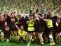 Borussia Dortmund celebrate with the trophy after winning the Champions League final on May 28, 1997