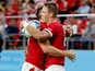 Wales' Liam Williams celebrates scoring their fourth try against Georgia on September 23, 2019