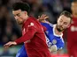 Liverpool's Curtis Jones in action with Leicester City's James Maddison on May 15, 2023