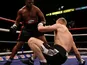 Freddie Flintoff is knocked down during the second round of his match with Richard Dawson on November 30, 2012
