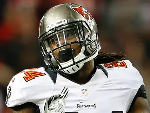 Mark Barron of the Tampa Bay Buccaneers celebrates breaking up a pass on the final down of the Atlanta Falcons at Georgia Dome on December 30, 2012