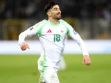 Mohamed Amoura celebrates scoring for Algeria on March 25, 2025