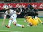 Roma's Mattia Destro scores the equaliser against Inter on April 17, 2013