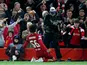 Liverpool's Trent Alexander-Arnold celebrates scoring their first goal on October 4, 2022