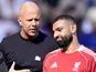 Liverpool's Mohamed Salah with manager Arne Slot after being substituted during the Premier League match on Saturday April 25, 2026.