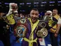 Vasyl Lomachenko celebrates winning the fight against Anthony Crolla on April 13, 2019
