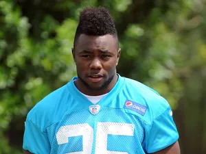 Kenjon Barner #25 of the Carolina Panthers at rookie camp on May 10, 2013