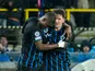 Christos Tzolis (r) celebrates a Club Brugge goal with Joel Ordonez on February 18, 2026
