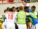 England Under-19s celebrate Carney Chukwuemeka's goal against Israel Under-19s on July 1, 2022